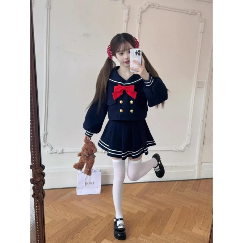 Japanse preppy stijl kawaii dames tweedelige set chique strik marine kraag tops + hoge taille minirok zoete vrouw outfits 2025