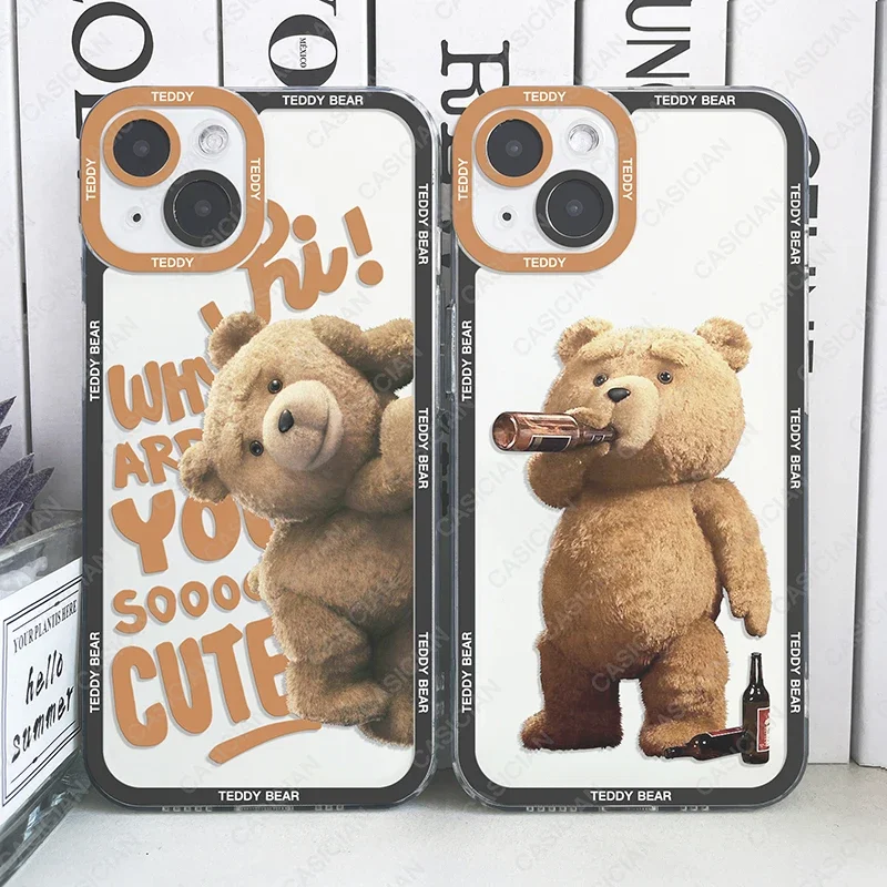 Case For iPhone 16 15 14 Pro Max 13 Mini 12 11 8 Plus Xr SE Teddy Bear Couple Cartoon Frosted Phone Cover