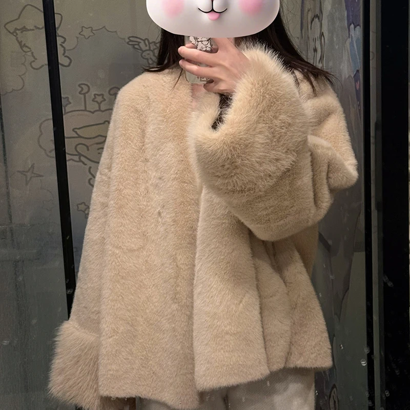 

Winter Faux Mink Fur Coat Women Thick Warm Elegant Solid Outwear Loose Korean Fashion Lazy Casual Jacket Furry Cardigan Parka