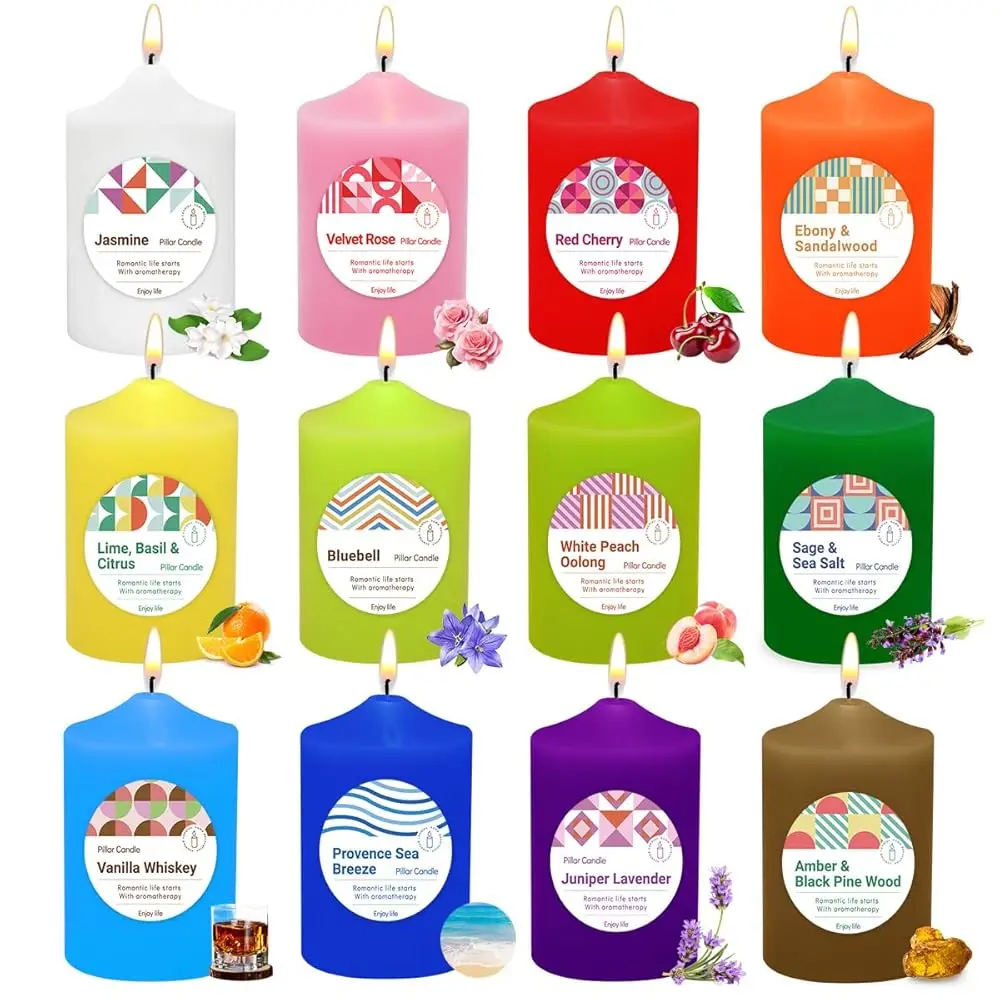 Juego de 12 Velas Aromáticas de Colores para el Hogar - Velas Grandes de 2x3 Pulgadas, sin Goteo y sin Humo, con 20 Horas de Duración