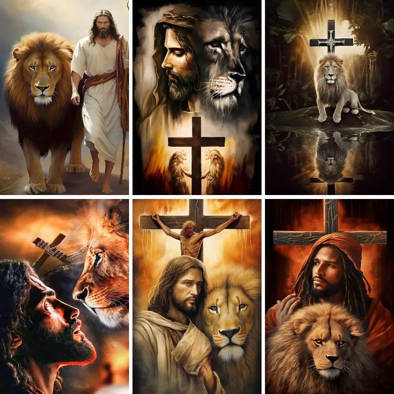 Lion and Jesus Diamond Painting Set for Adults,Full Drills Full Coverage, 5D Christian Gifts Art, DIY Home Wall Decoration