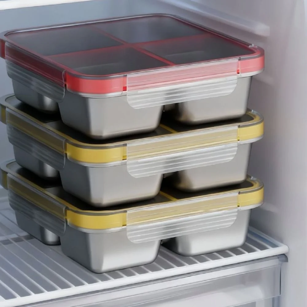 Multifunctional Square 4 Grid Lunch Box 304 Stainless Steel Sealed Snack Box Leak-Proof Microwave-safe Student Meal Plate Kid