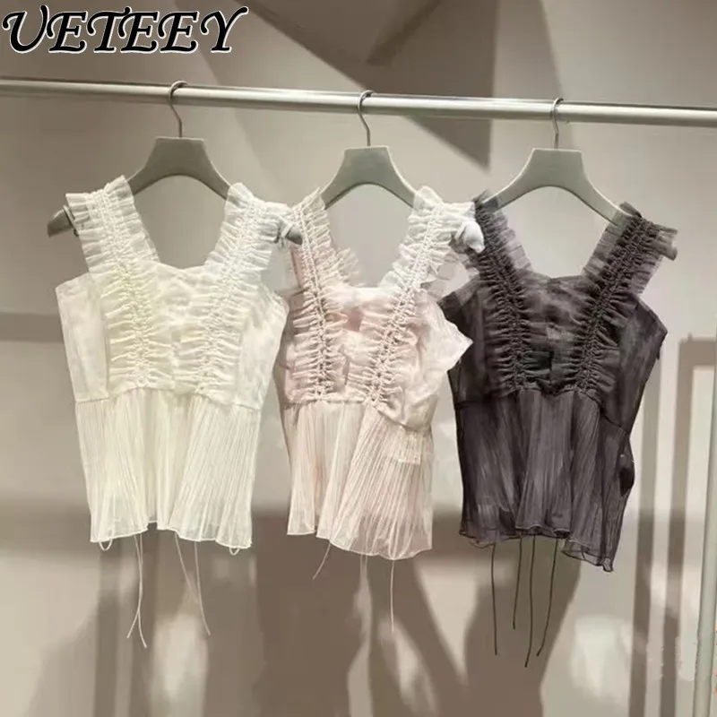 

S Home Japanese 2025 Summer Sweet Tulle Ruffle Edge Pleated Sling Vest Chiffon Shirt Top Waist Slim Sleeveless Vest Tshirt Women