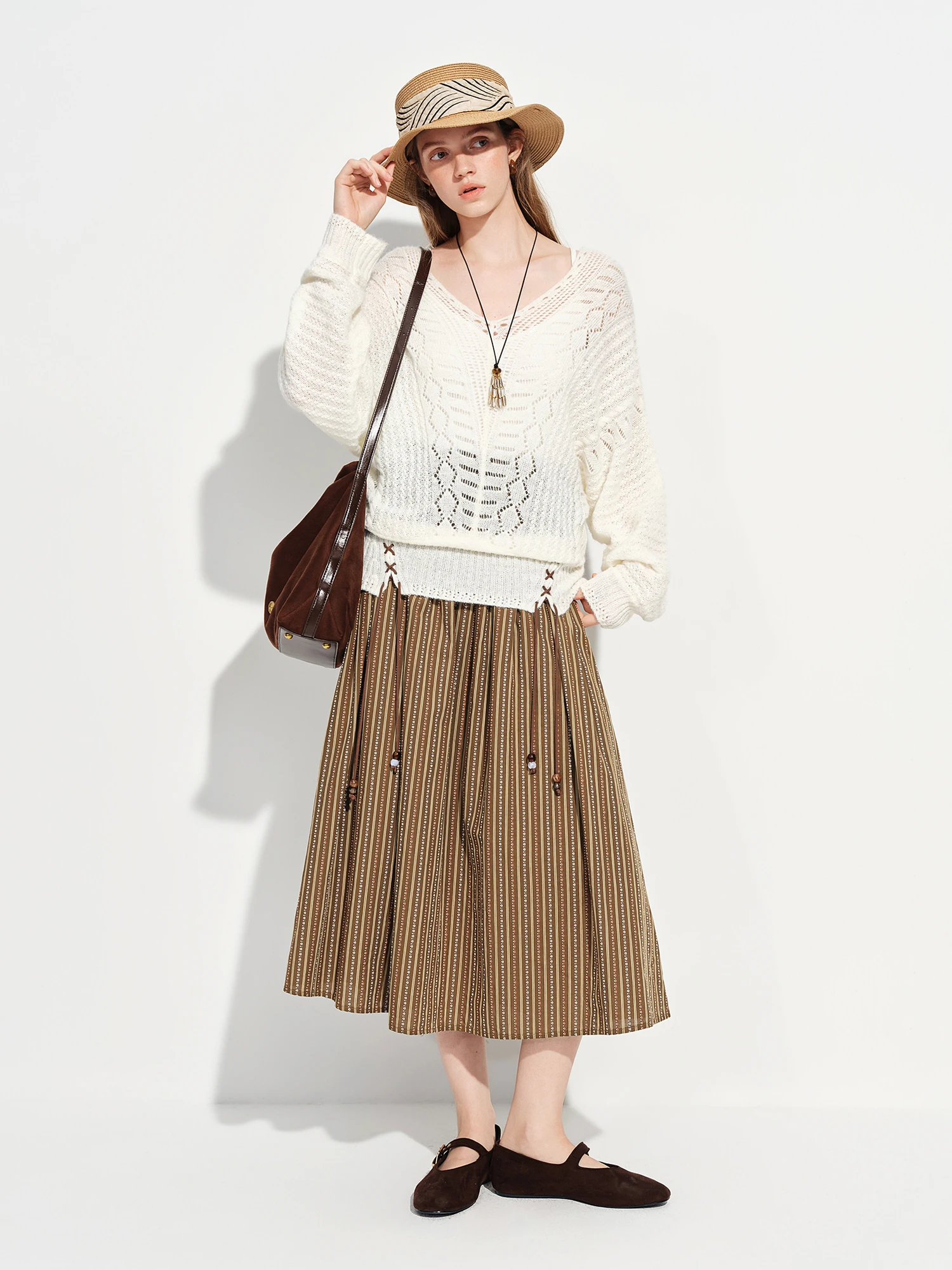 FSLE A-Line Skirt with Ethnic Retro Two Tone Fringe and Embroidery Waistband 2026 Spring New Arrival Special Long Lenghth Skirt
