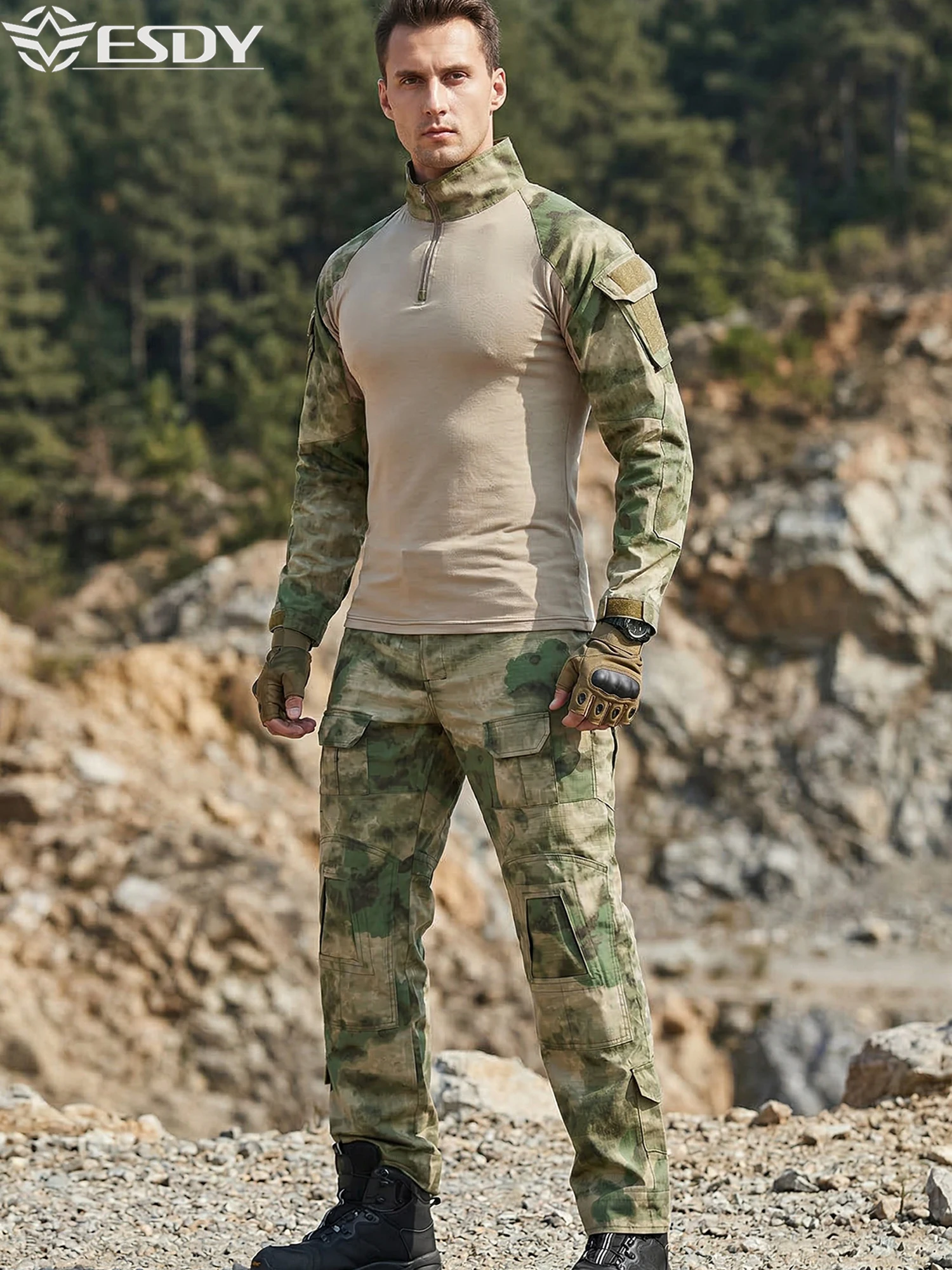 Esdy Tactical Camouflage Suit Long Sleeve+Long Pants Men's Combat Uniform Top and Pants Set Hunting Gear Quick-Dry Durable Work Uniform