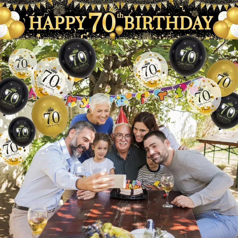 70th Birthday Decorations Black Gold 70th Birthday Banner and Balloons for Indoor Outdoor Parties