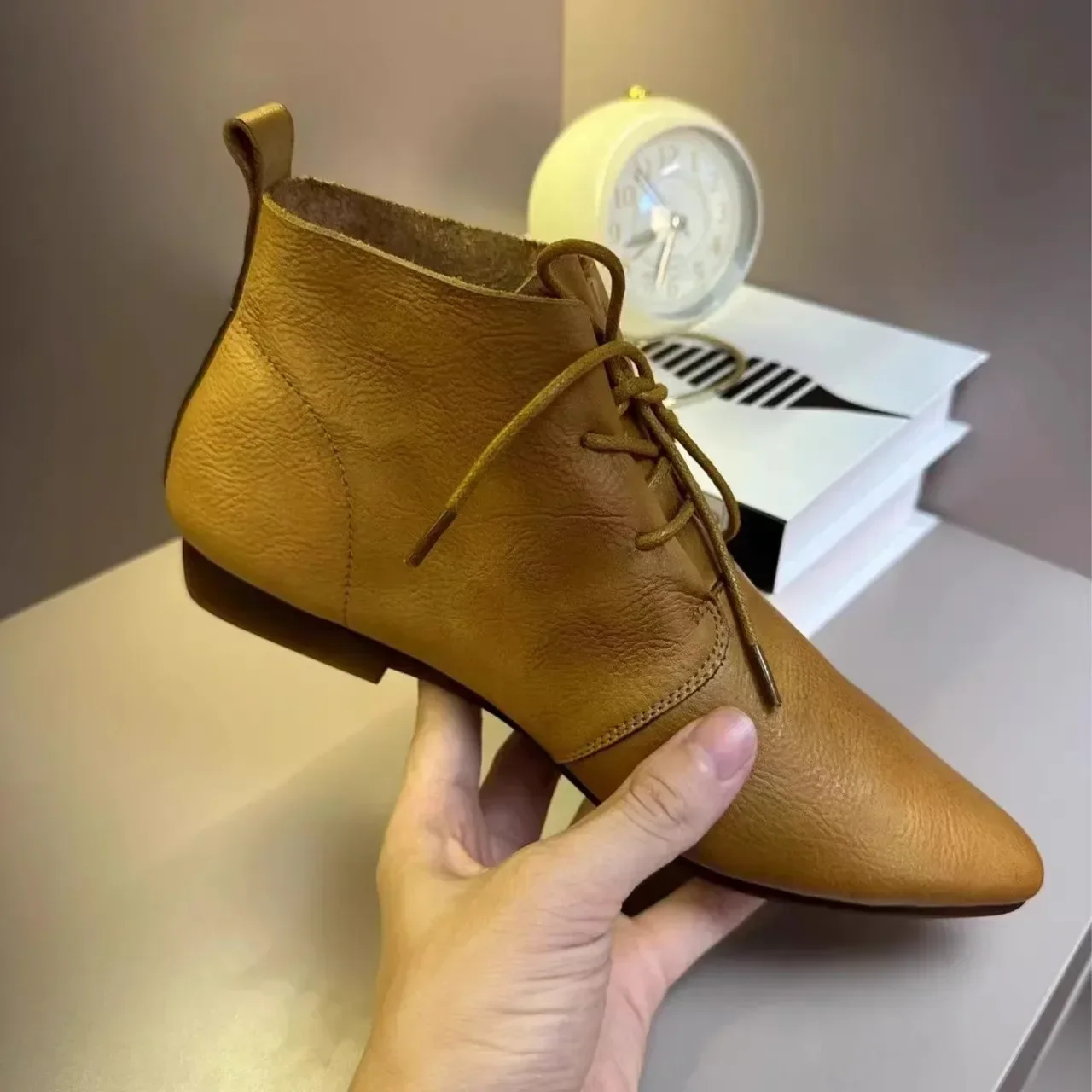 2024Women Flat Short Boots Lace Up Pointed Toe Motorcycle Ankle Booties Autumn Female Soft Sole Casual Shoes Botas De Mujer