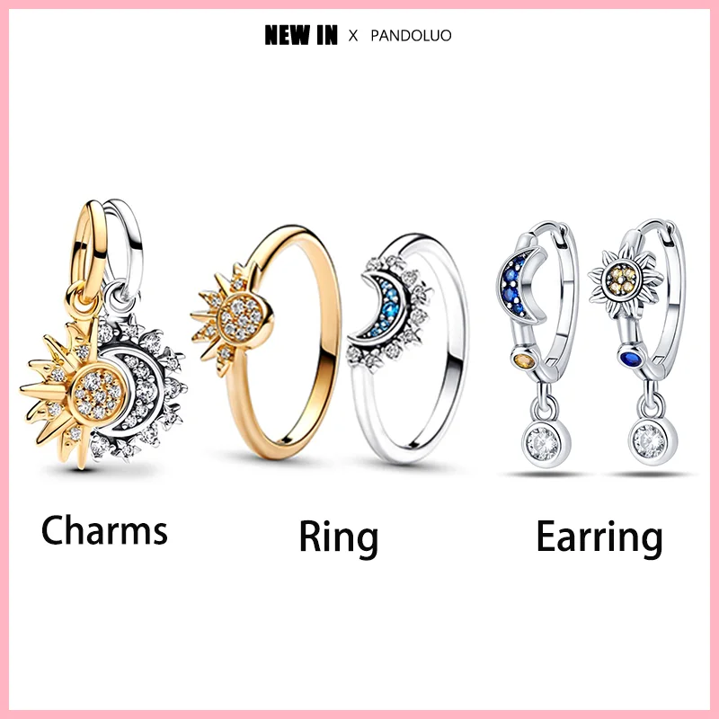 Original Sun and Moon Series Rings & Earrings Charms Beads Bracelets Fits Women 925 Silver Charms Bracelet Fine DIY Jewelry Gift