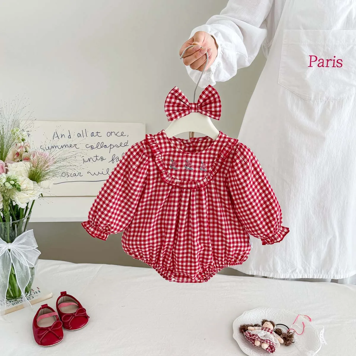 Baby Girl Red Plaid Long-Sleeve Romper with Floral Embroidery for Autumn, Paired with a Bow Headband, Newborn Photo Shoot and Birthday Outfit
