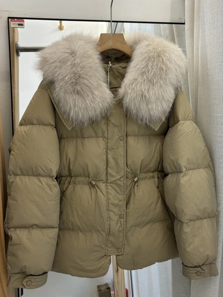 Chaqueta de plumón con cuello de piel auténtica de lujo para mujer, moda de invierno 2026, abrigo acolchado corto con cintura ajustable, prendas de vestir holgadas INKEO DJ631