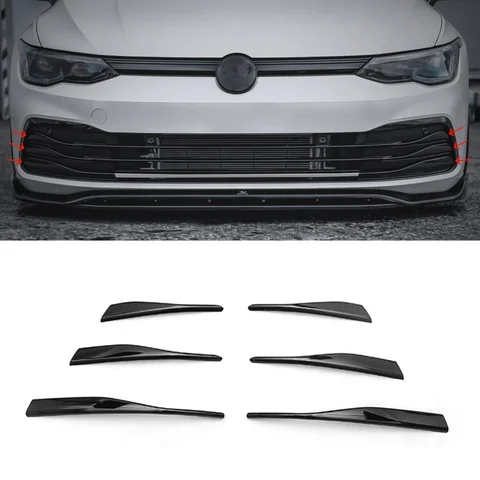 Декоративные накладки на передний бампер (молдинги) для Volkswagen Golf 8 MK8 TSI TDI 2020-2023, глянцевые черные, из АБС-пластика