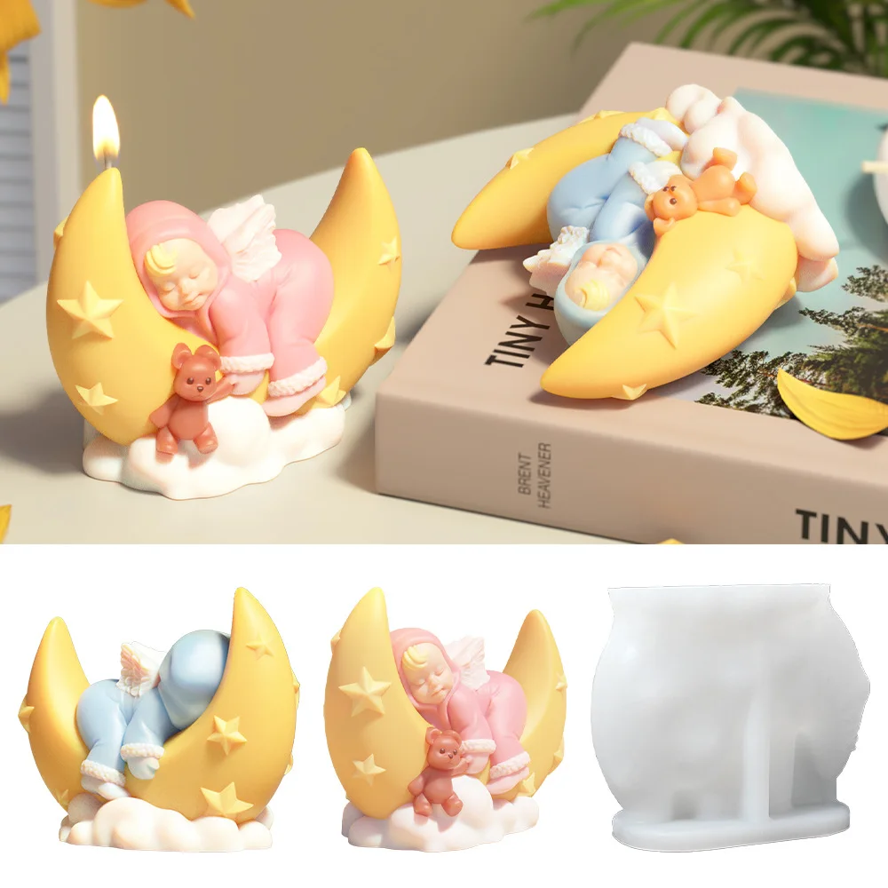 ثلاثية الأبعاد الملاك ينام على القمر شمعة قوالب DIY بها بنفسك الروائح الكرتون طفل القمر السفينة الجبس الجص قالب الاسمنت الحرفية الراتنج قالب الصابون