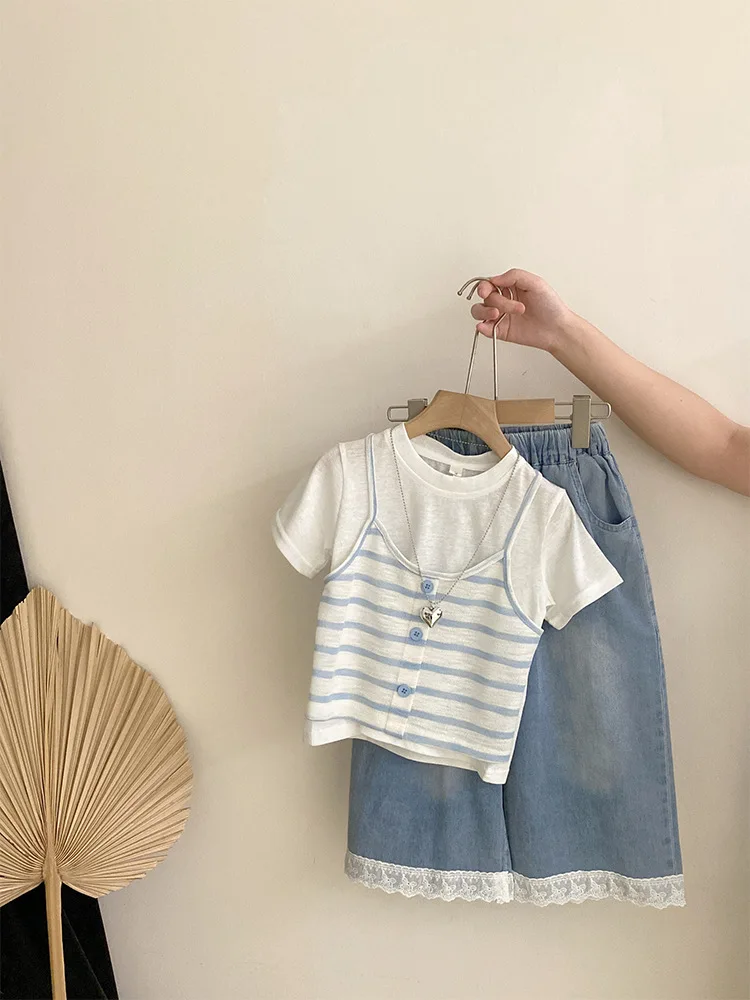 

Girls Striped Fake Two Piece Short Sleeve2025Summer New Lace Wide-Leg Casual Jeans Two-Piece Set Trendy