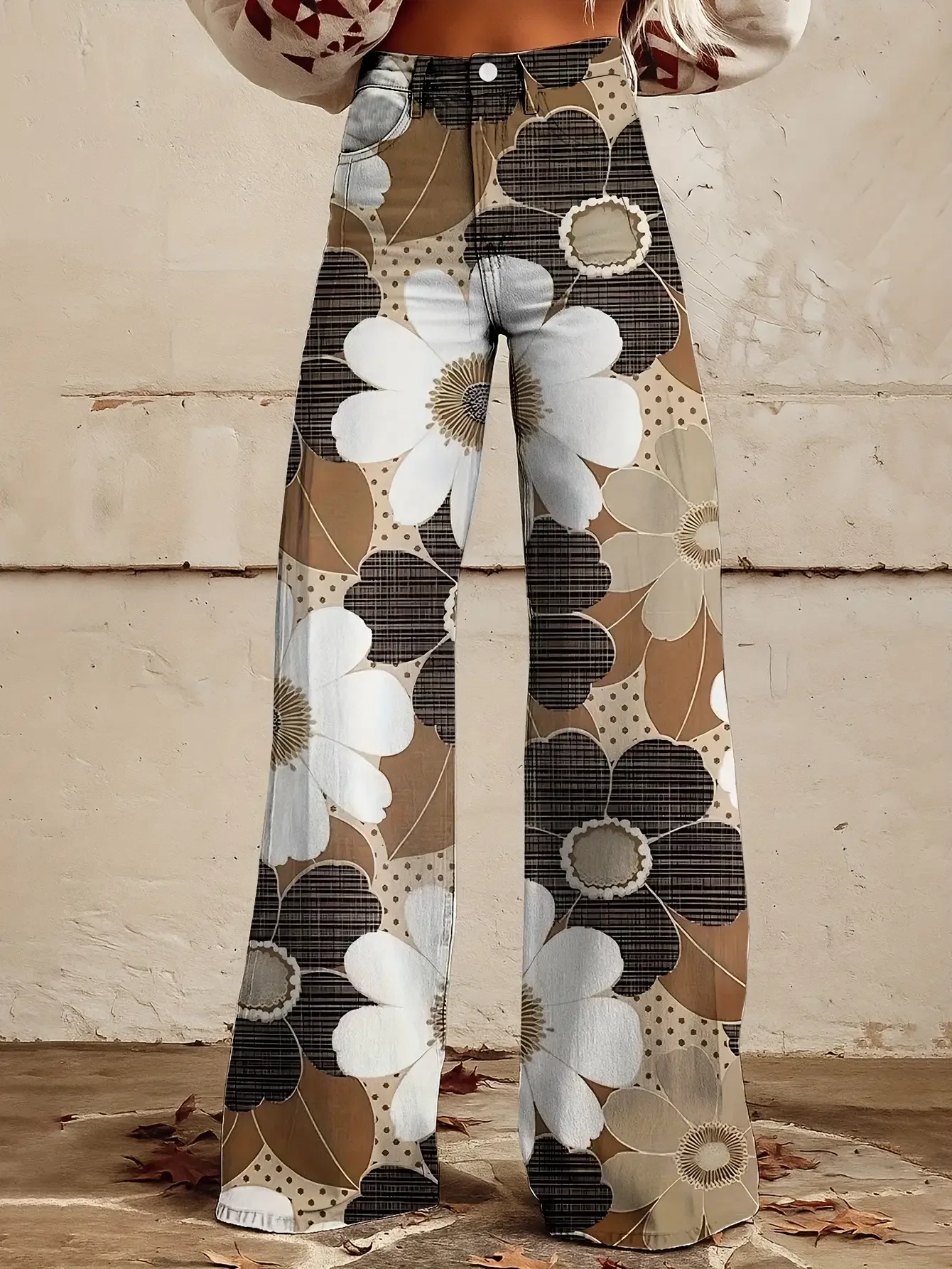 European and American women's pants, retro floral print jeans, wide leg pants, loose and comfortable, slimming imitation jeans