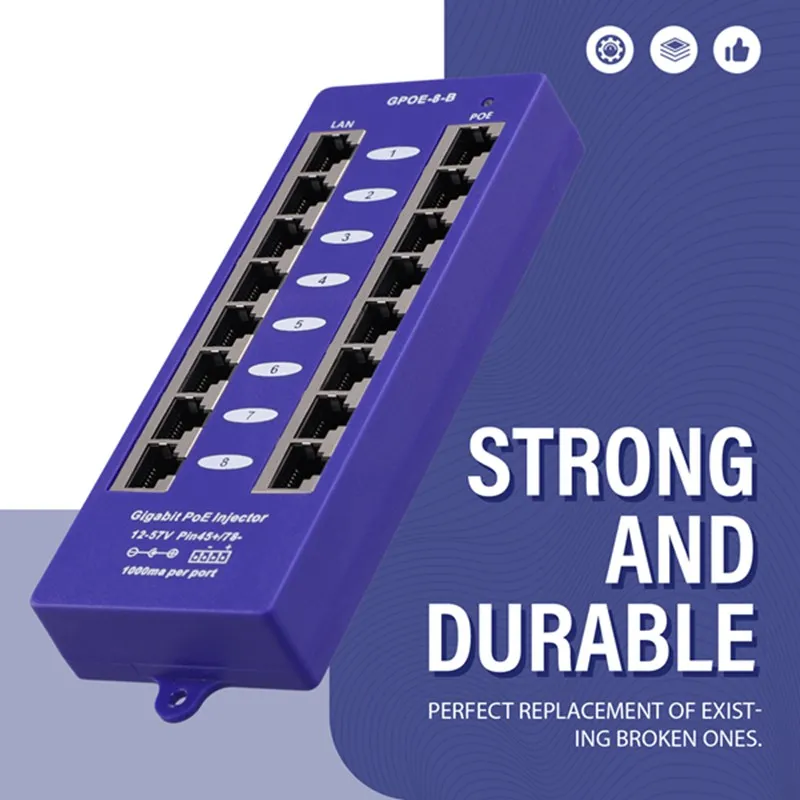 New 802.3af Mid-Span PoE Injector Mode B(4/5+,7/8-) Passive Gigabit 8 Port PoE Injector for UBNT CCTV Network-ABPX view 6