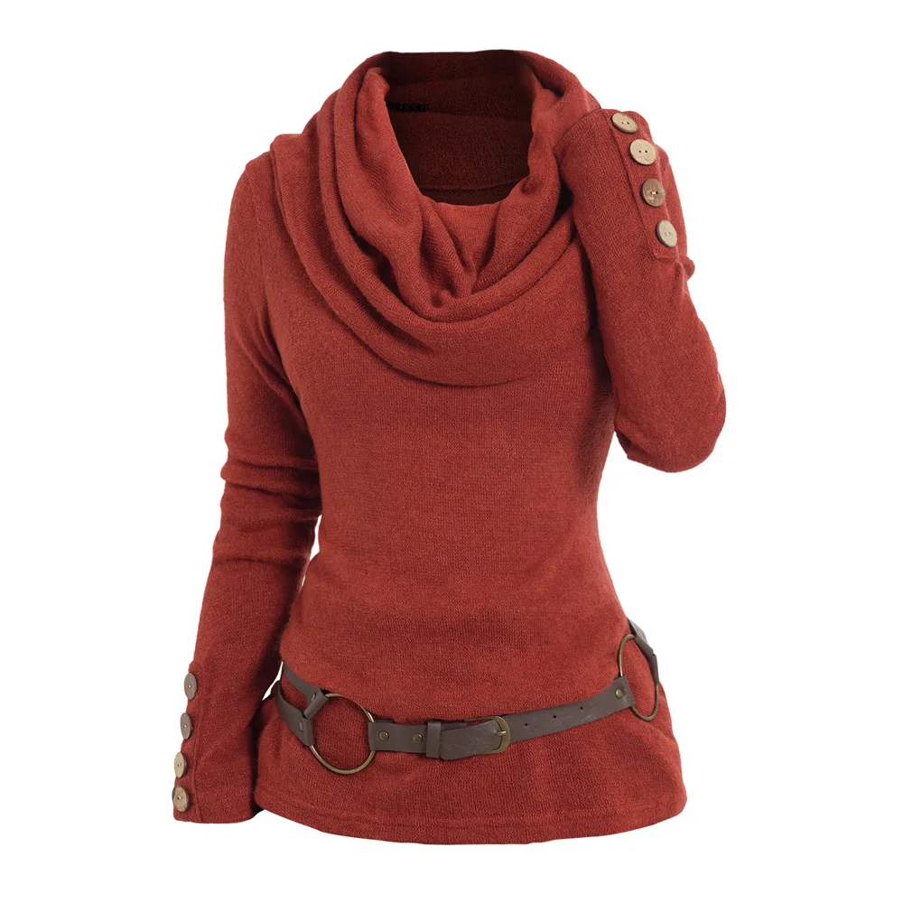 Casual Women Knit Top With Belt Knitwear Cowl Neck Belted Knit Tops Solid Color Foldover Knitted Tee