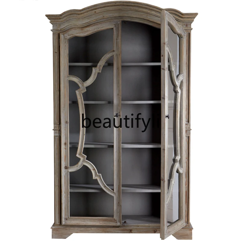 

French and American retro old oak side cabinet weathered gray solid wood glass door display wine cabinet custom-