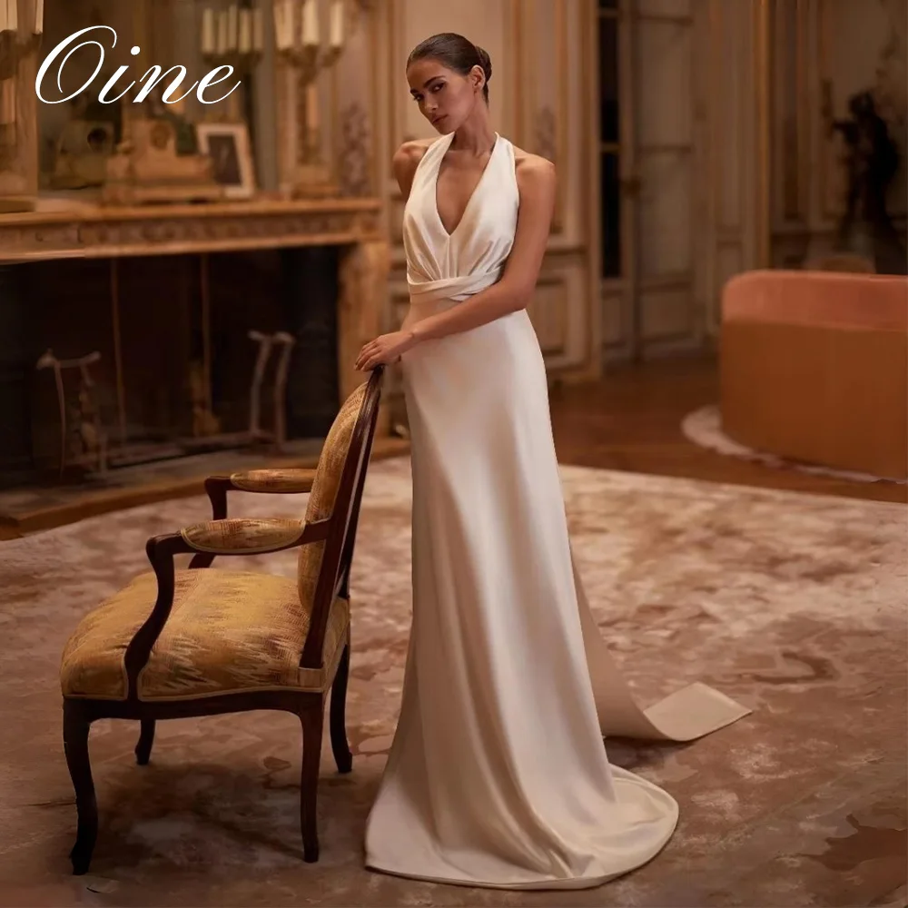 Oine Halter Mermaid Wedding Dress Flowy Satin Slim Fit Customized Bridal Gown Modern Sexy Backless Reception Party Women Wear