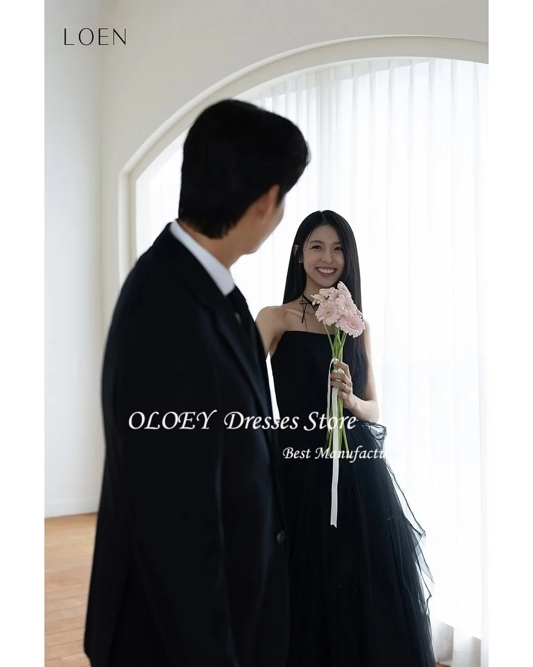 OLOEY 블랙 Tulle 이브닝 드레스 라인 Strapless Floor Length 한국 웨딩 사진 촬영 드레스 코르셋 맞춤형