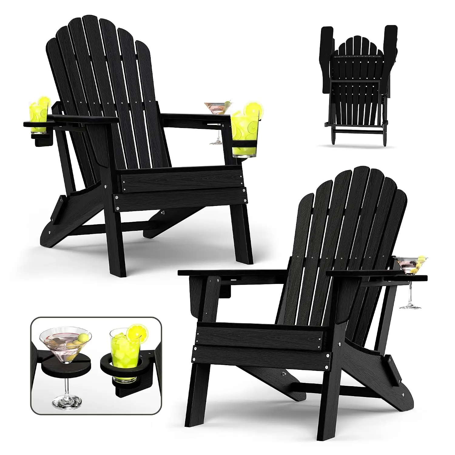 Fold Adirondack Chair 2 Cup Holders Black HDPE Patio All Weather Fire Pit 380lbs Faux Wood Garden Poolside, Customized
