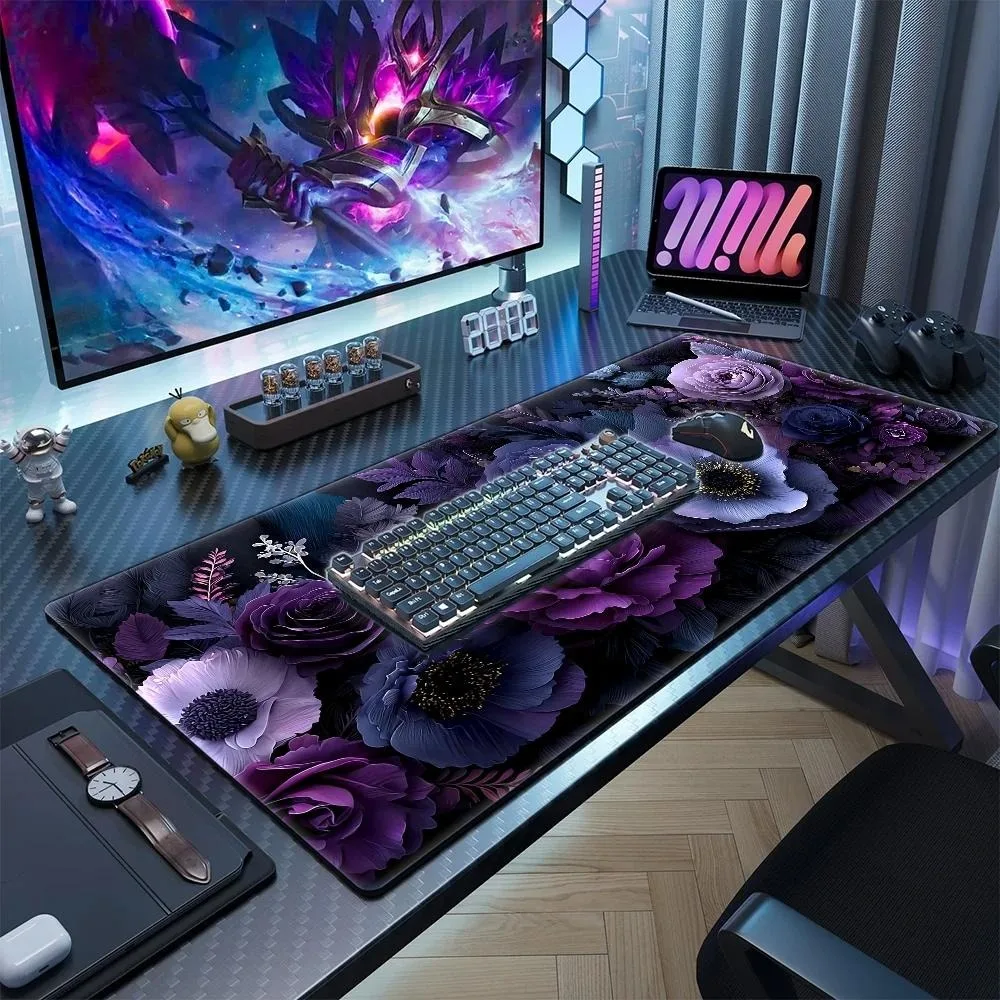 Dreamy purple and blue floral computer gaming mouse pad - durable and wear-resistant desk pad for computers, home desks