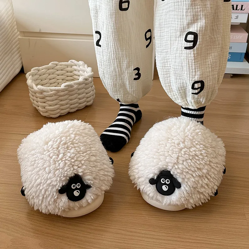 

New plush fluffy sheep slippers men's winter indoor furry slides shoes women unisex warm shaggy cuddly animal lamb slipper man