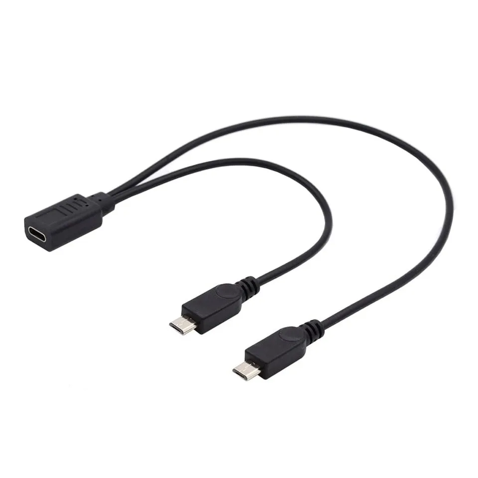 USB 2.0 Type-C Female To Dual Micro-USB 5Pin Male Splitter Extension Cable DC 5V Charging Power Supply Cord for Android Phone