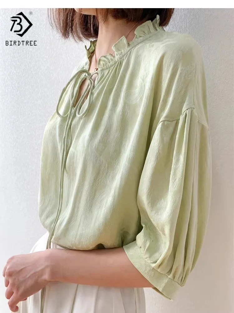 

Birdtree Summer 19MM 93% Mulberry Silk 7% Spandex Blouse,Jacquard Satin Stand Collar Solid Lantern Sleeve Shirt,2025 NewT55901JF