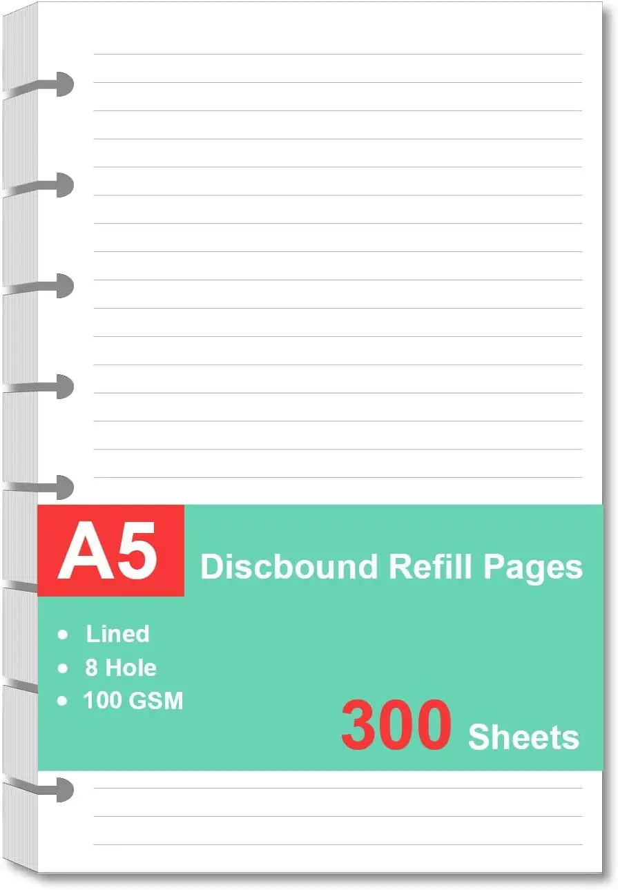 

Junior Size A5 Loose Leaf Paper, 300 Sheets/600 Pages College Ruled, 5.5x8.5 Inch Discbound Refill for Notebook Planner