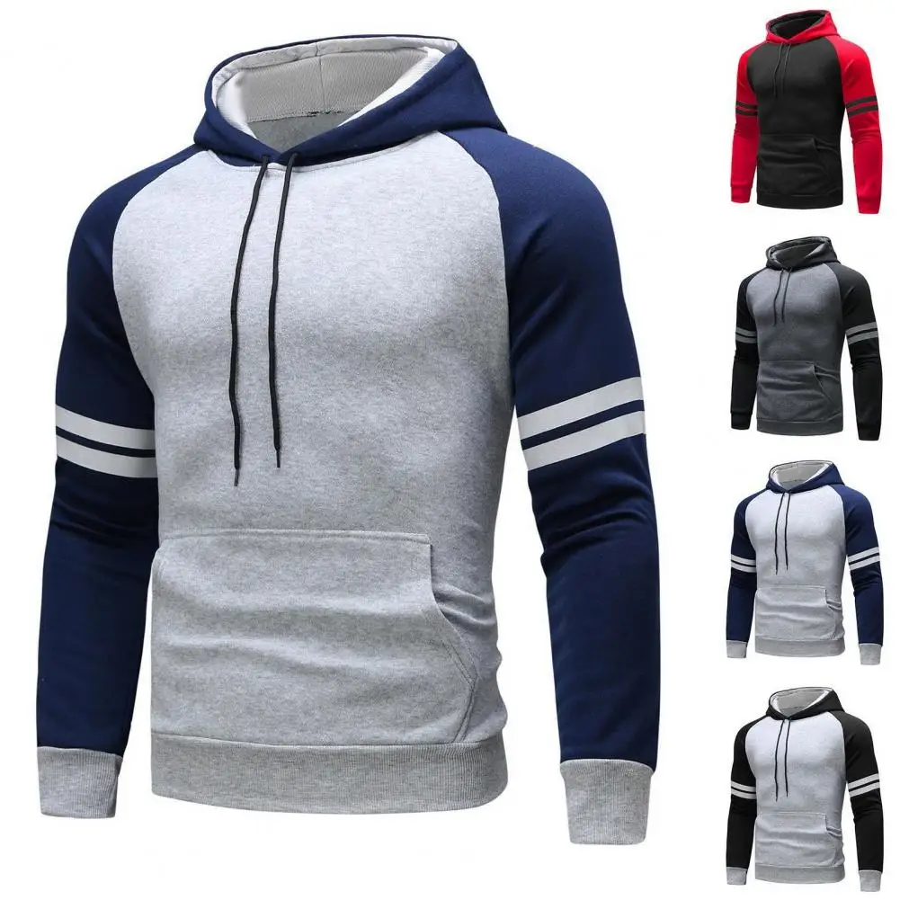 Athletic Hoodie Men's Colorblock Drawstring Hoodie with Big Pocket Slim Fit Design for Fall Winter Daily Wear Casual Sports