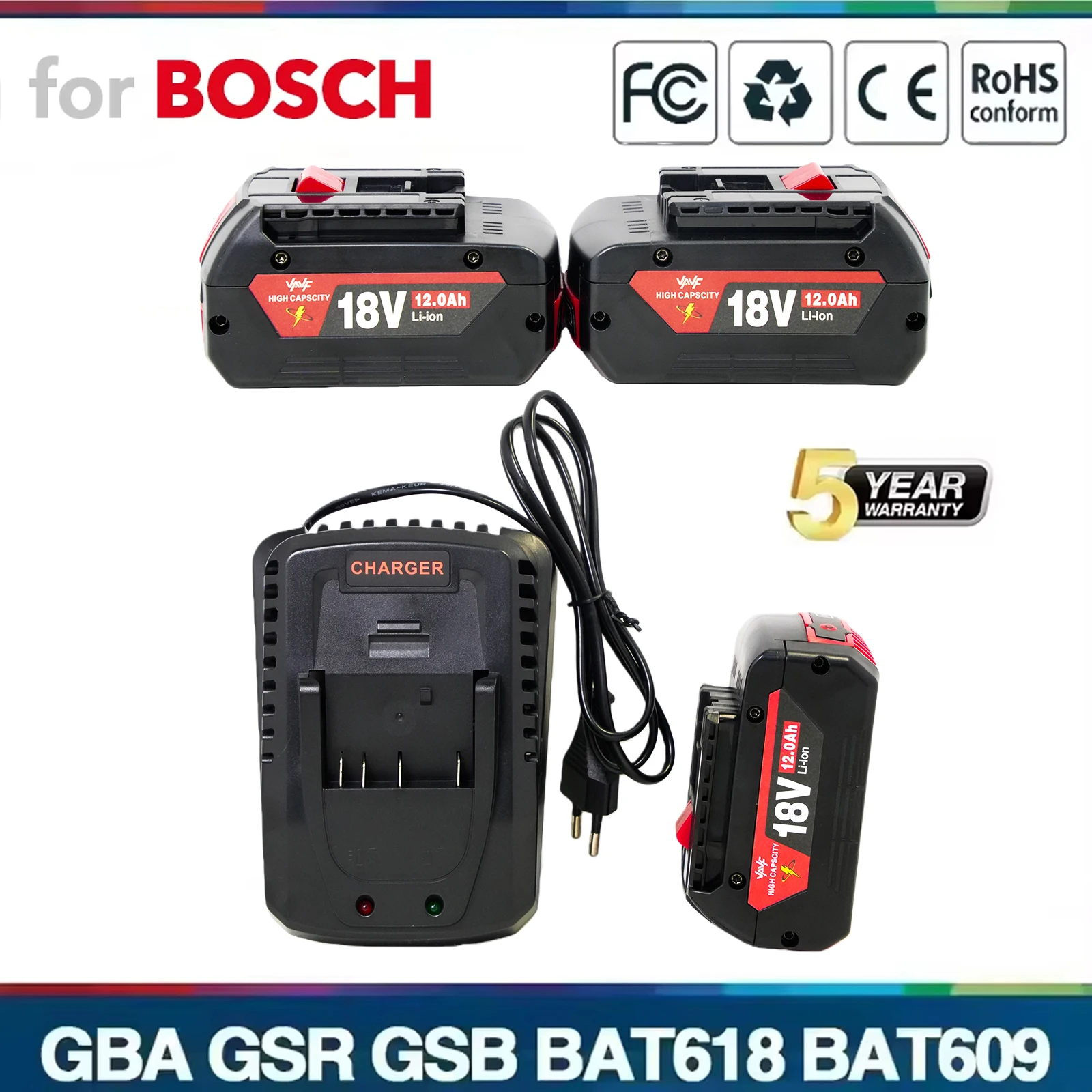 

BAT610G+AL1820CV for Bosch professional 18V 12.0AH Li-ion battery replacement with LED & for Bosch quick charger 18V