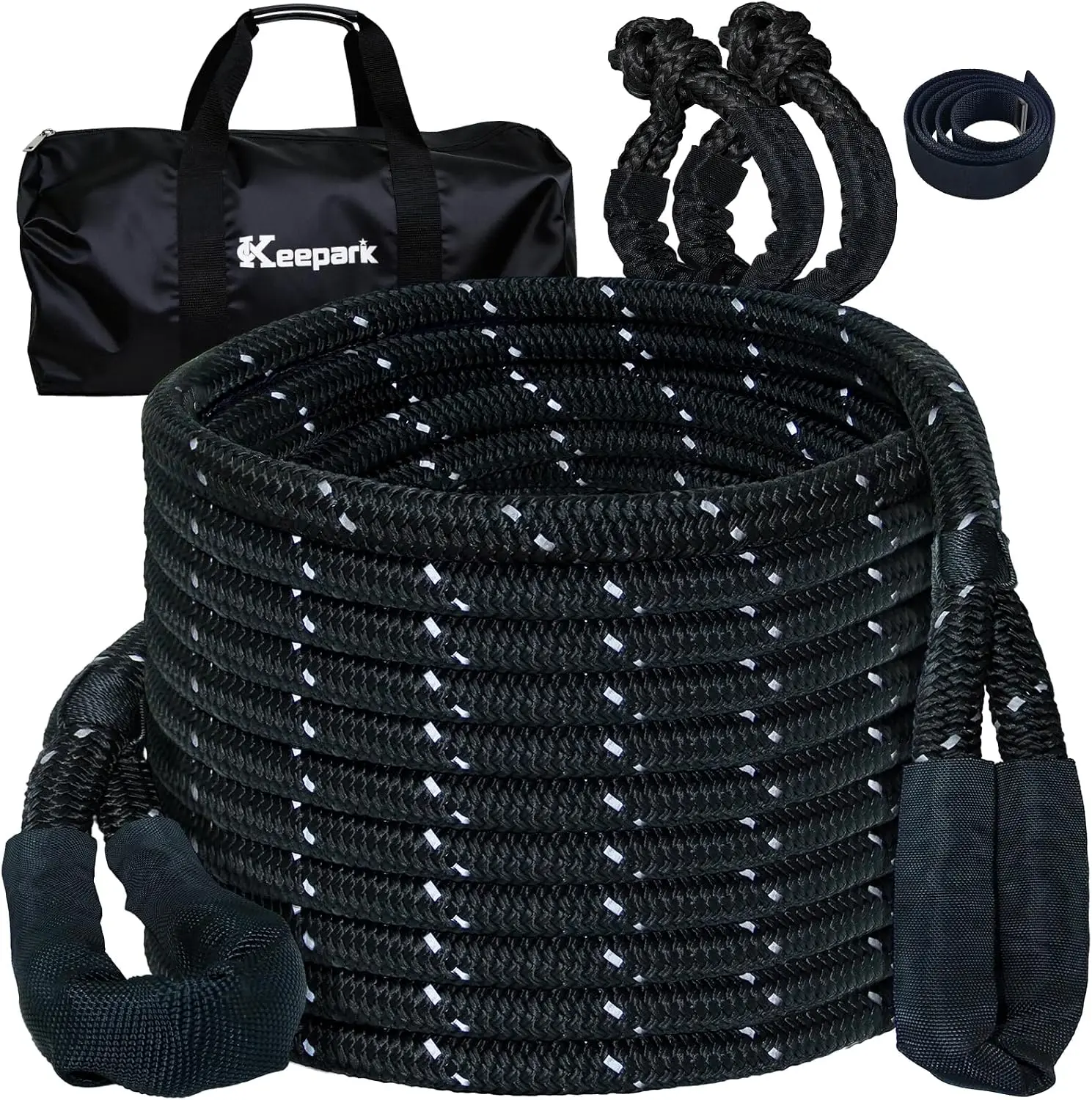 Kinetic Recovery Tow Rope Kit - 35% Stretch, 5/8inch x 20ft 15,100lb Breaking Strength Tow Strap with 2 Soft Shackles - Black