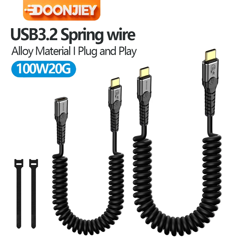 USB 3.2 Full Function Type C Cable, 20Gbps Data Transfer, 4K@60Hz Video, 100W PD Charging Cord with 2 Cable Organizer Straps