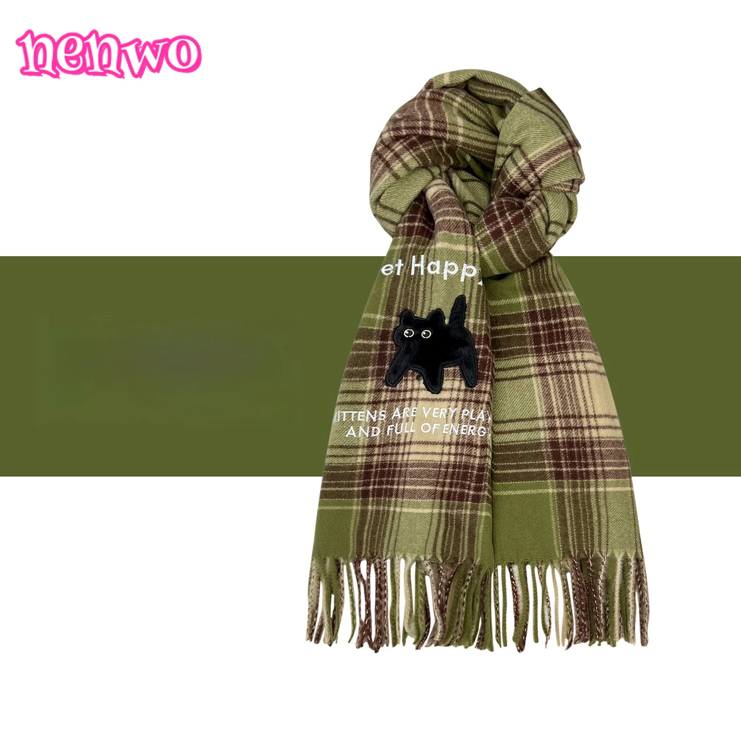

Разноцветный клетчатый шарф с нашивкой в виде кота, имитация кашемира с бахромой, женский осенне-зимний уютный теплый универсальный милый теплый шарф для шеи