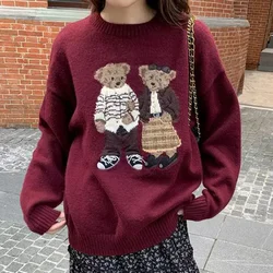 Sweater cartoon small bag core yarn needle retro women's loose round neck knitted sweater new print black
