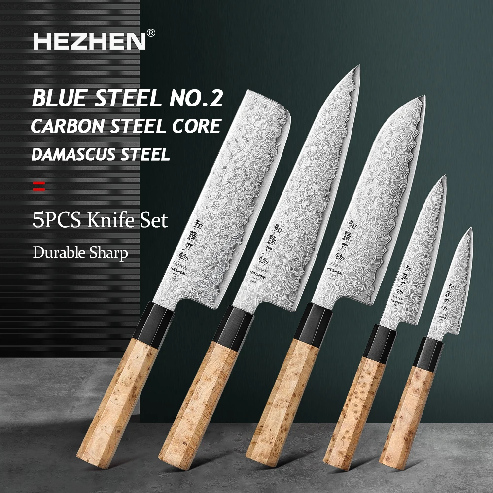 HEZHEN 1PC/2PC/3PC/4PC/5PC Chef Kitchen Knife Set  No.2 Carbon Steel Core Damascus Steel Beautiful Gift Box Sharp Tools