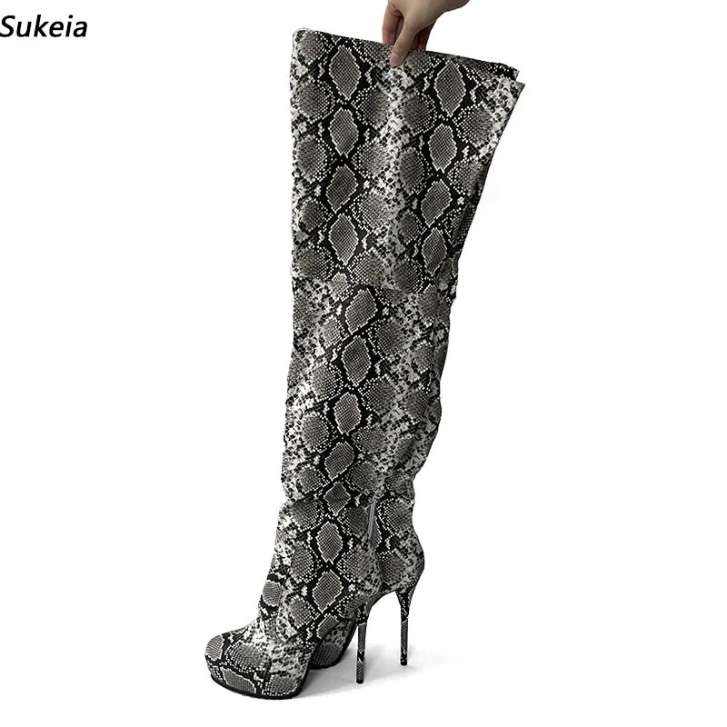 

Sukeia Women Winter Thigh Boots Snake Pattern Unisex Stiletto Heels Round Toe Black Party Shoes Ladies US Size 5-20