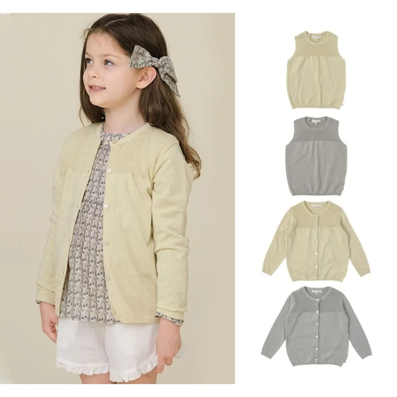 

Детская вязаная безрукавка для девочек 2026SS с круглым вырезом и кардиган с длинными рукавами, рубашка для кондиционированных помещений