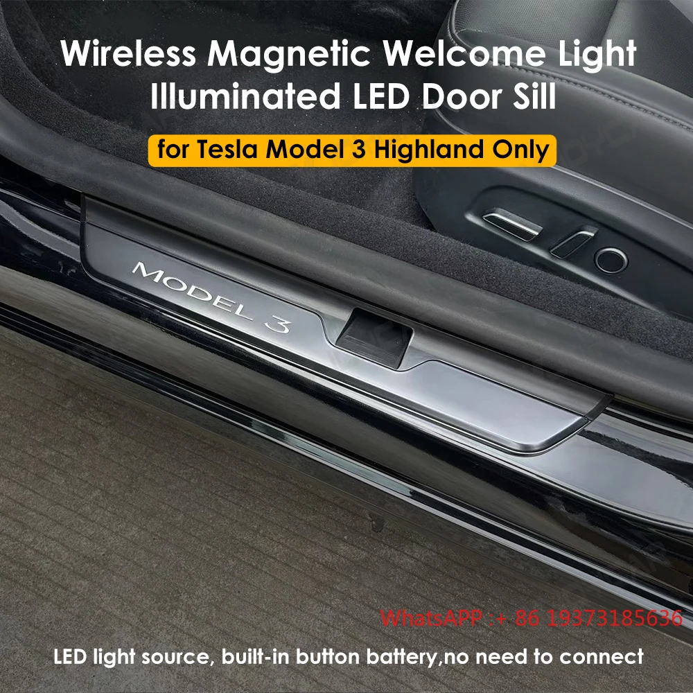 For Tesla Model 3 Highland 2024 Wireless Magnetic LED Light Foot Side Door Sill Illuminated Step Scuff Plat Trim