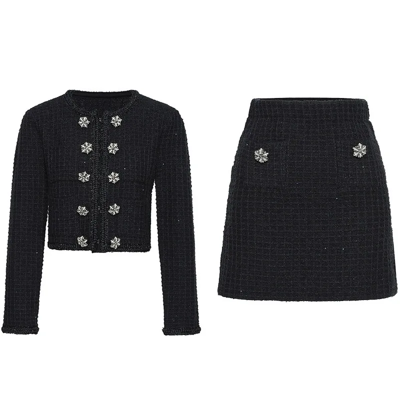 Celebrity light luxury small fragrant style double-breasted diamond ornament round neck short jacket + skirt set