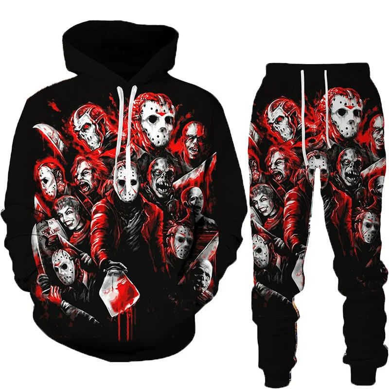 Conjunto de moletom com capuz masculino horror 3d impresso rua hoodies conjunto casual adulto duas peças moletom terno masculino feminino universal novo terno