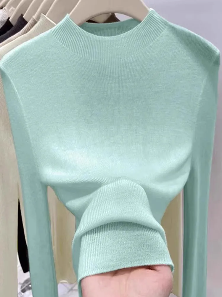 Slim Fit Long Sve f High Collar Pure Color Casual Knitted Base irt Korean Sle Faionable Thinming Leisure Top