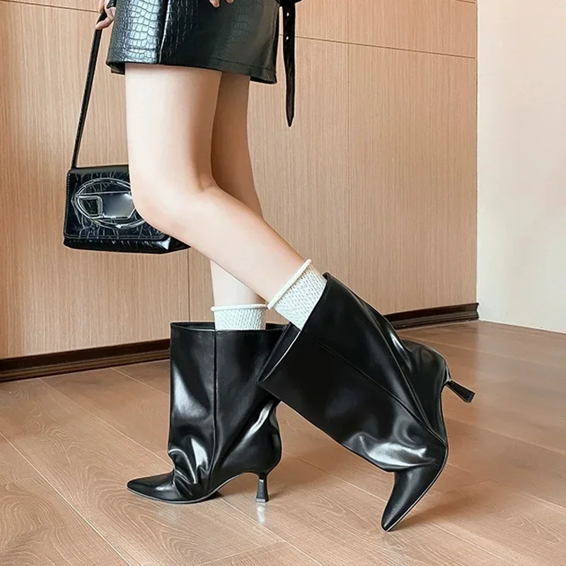 Women's Versatile High Heels Size 35-40 Fashionable Pointed Toe Slim Heel Comfortable Temperament Short Boots Simple Wide Boots