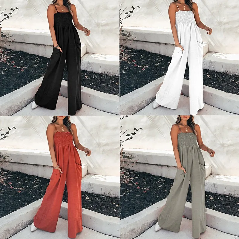 For Woman Jumpsuit Solid Color Smocked Bodice Jumpsuits Sleeveless High Waist Romper Black Rust Orange Wide Leg Jumpsuit