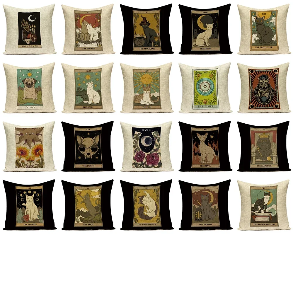 Tarot Card Pattern Cushion Cover Decorative Shar Pei Dog Pillow Case Retro Cat Home Sofa Linen Print Pillows Cover Funda Cojin