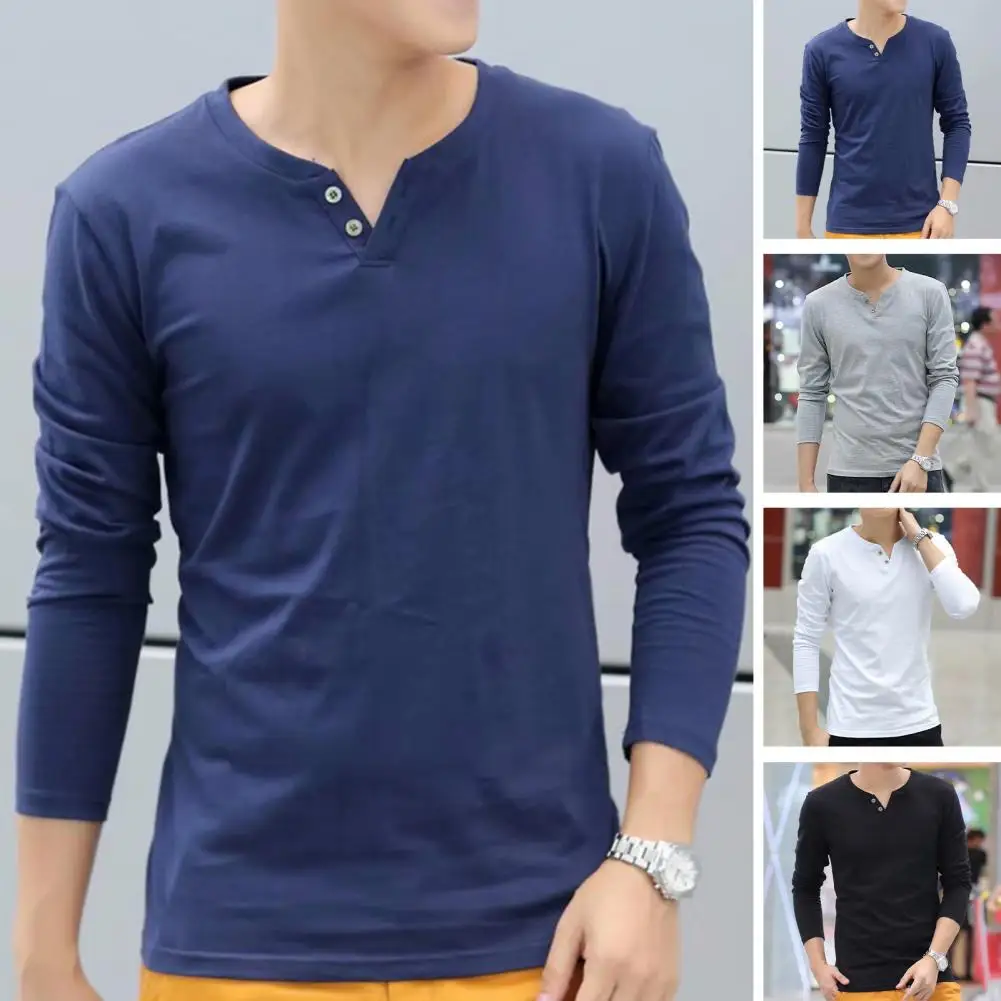 

Solid Color Long Sleeve Top Men's V Neck Long Sleeve Slim Fit Pullover with Button Decor Soft Elastic T-shirt for Fall Spring