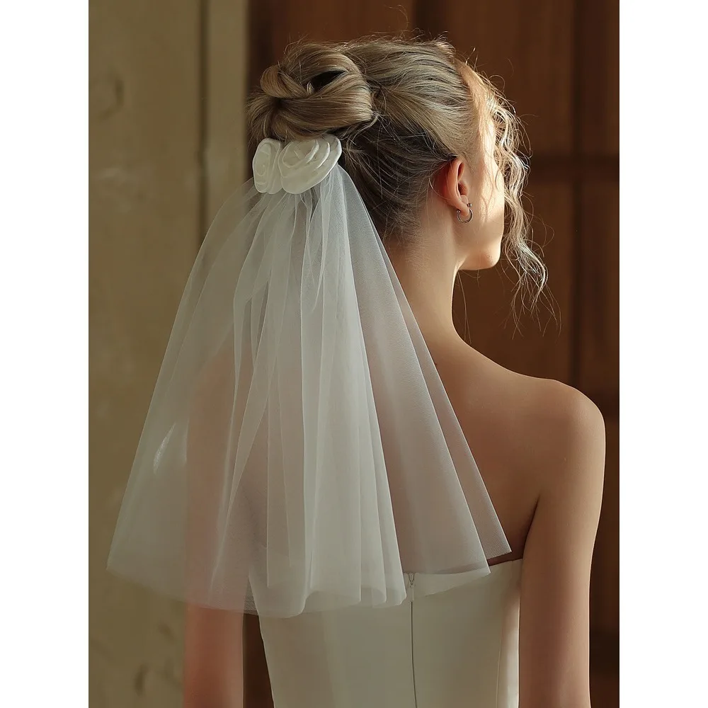 

Soft Tulle Bridal Marriage Elegant for Women Two Layer Short Wedding Bow Veil with Comb Accessories