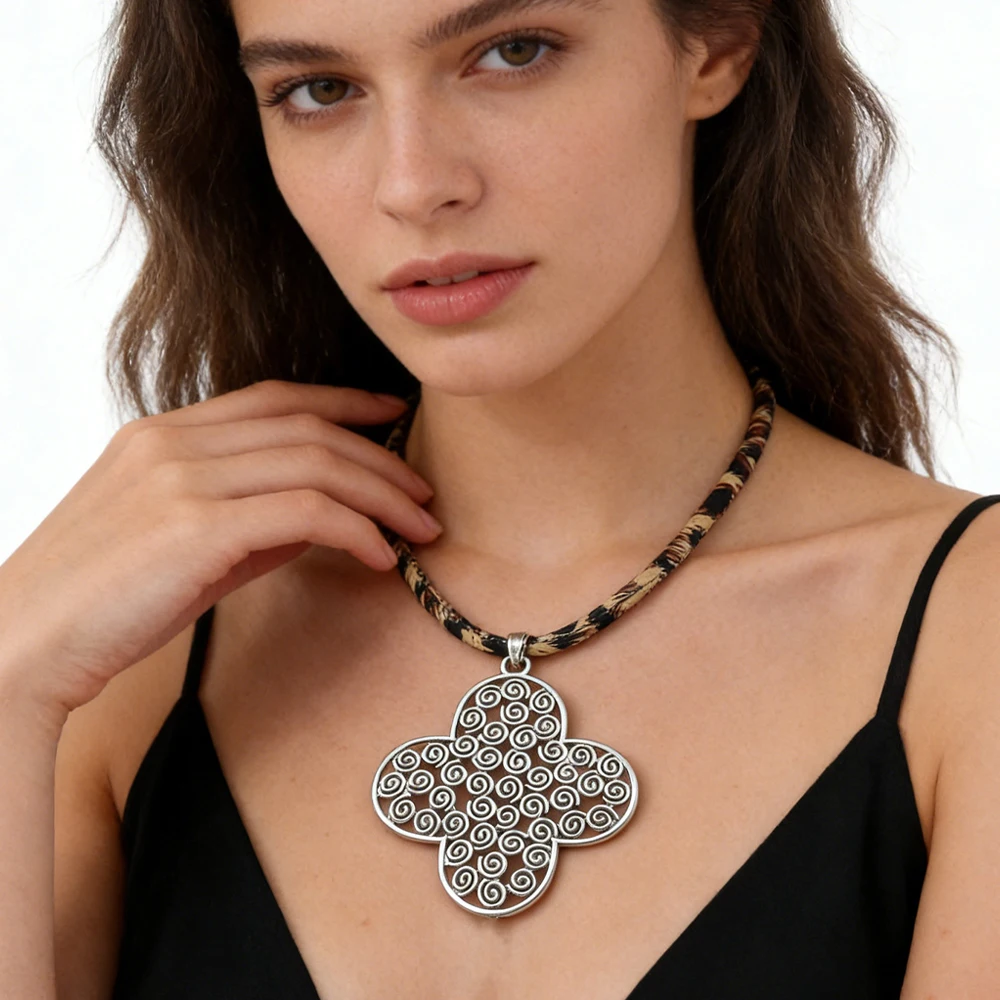 Spiral Vortex Large Pendant Leopard Pattern Rope Chain Chunky Necklace Jewelry Tribal Necklace For All Seasons Wear, 1 Piece
