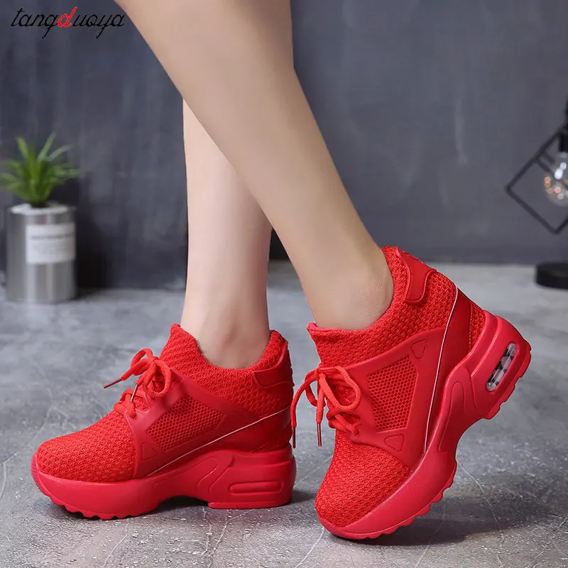 red platform sneakers shoes Women Fashion Breath Mesh Casual Platform Sneakers Surface Shoes Thick Bottom Footwear Round Head