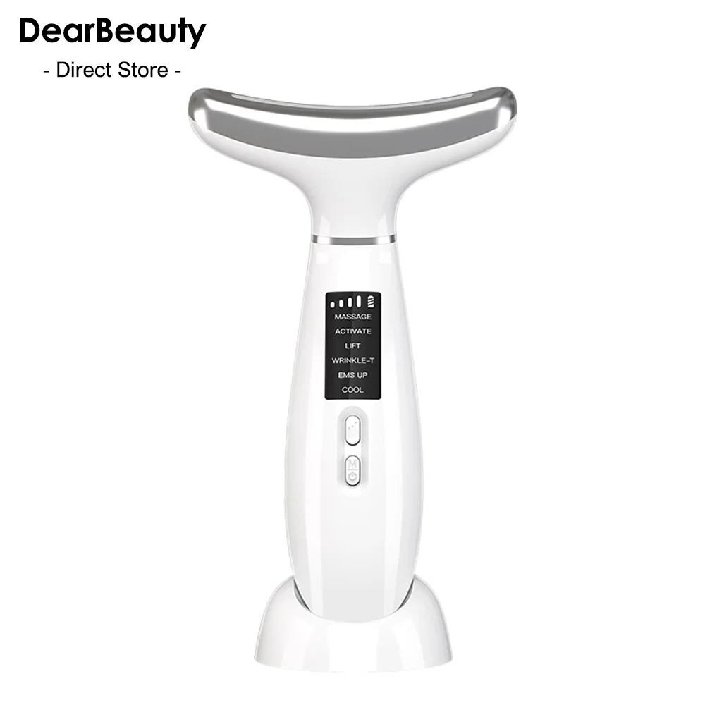 เครื่องนวดหน้าและลำคอ EMS ยกกระชับผิวหน้าด้วยแสง LED 4 สี บำบัดผิวด้วยโฟตอน ช่วยกระชับผิว ลดเลือนริ้วรอย พร้อมฟังก์ชั่นร้อน-เย็น